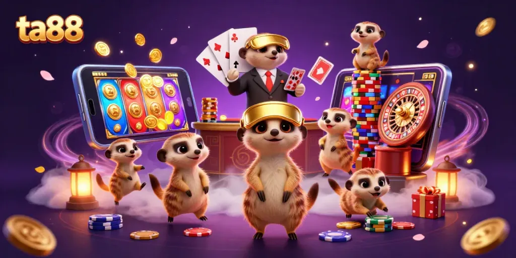 Engage with ta88 gaming strategy in a vibrant meerkat casino scene showcasing slot games and dynamic elements.