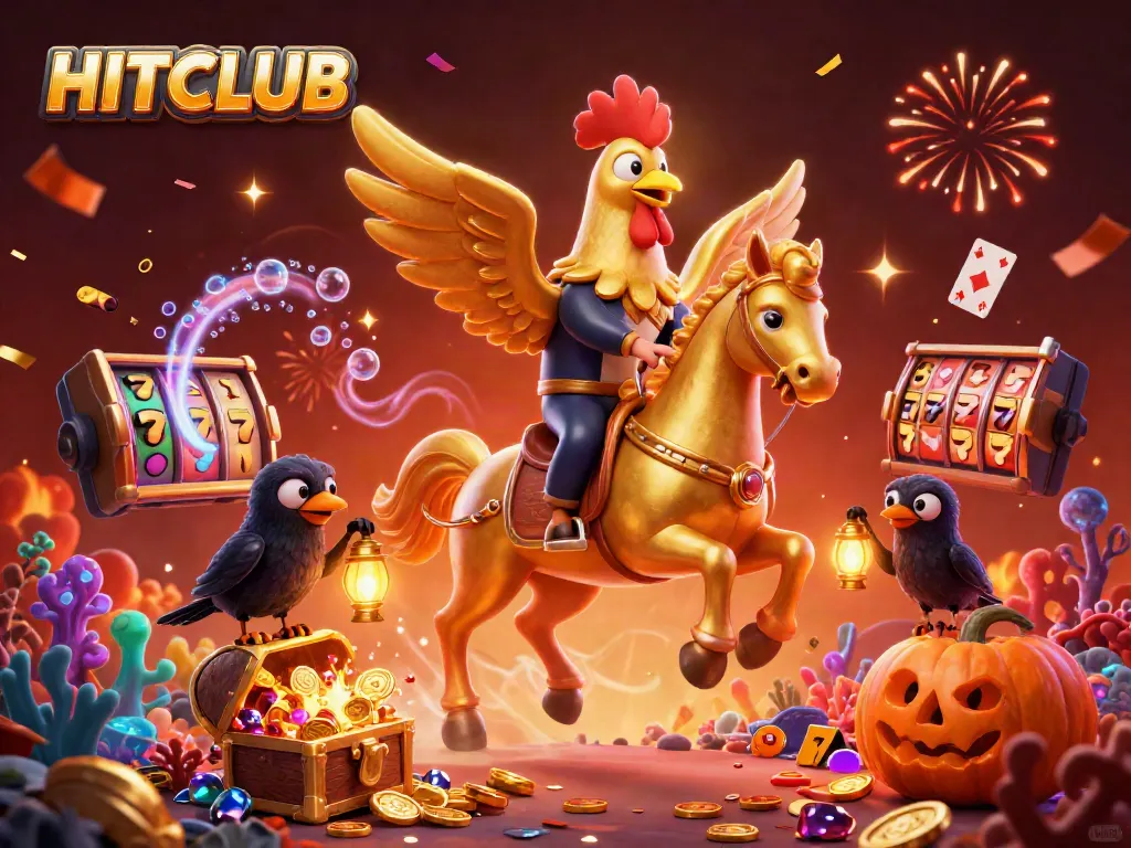Play and win big at HITCLUB with our colorful casino adventure illustration.