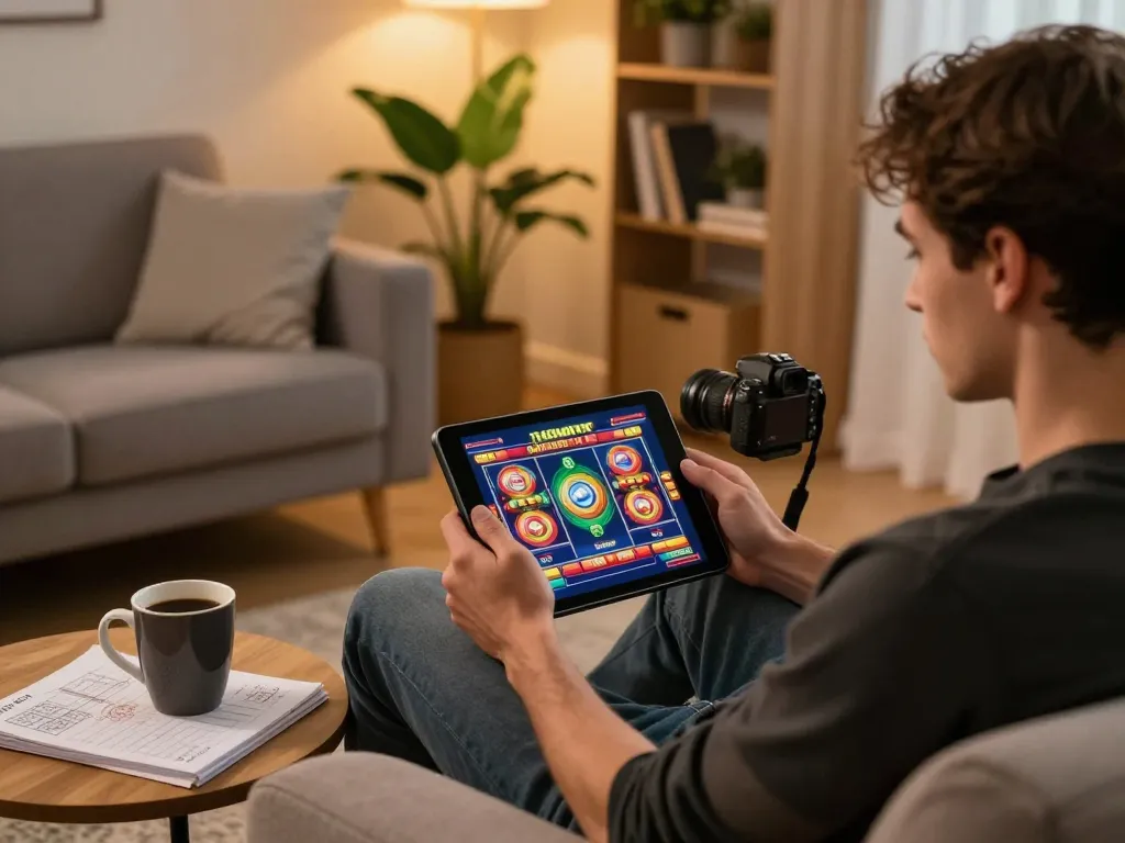 Engaged player enjoying slot games at 78winvina on a tablet in a cozy home setting.