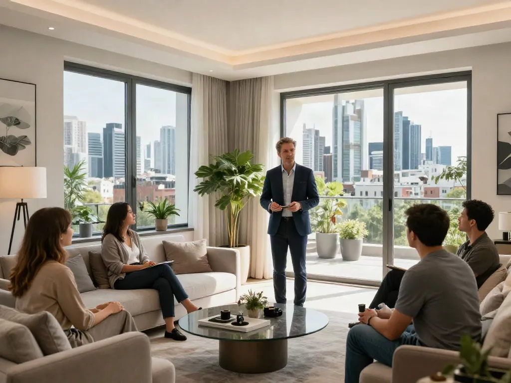 Bester Immobilienmakler Frankfurt beim Besichtigen einer luxuriösen Immobilie in Frankfurt mit potenziellen Käufern.