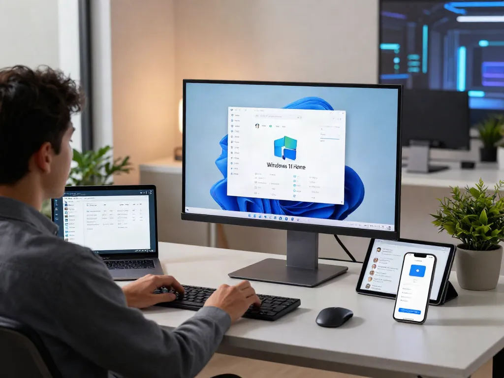Windows 11 Home auf einem modernen Arbeitsplatz mit Laptop und digitalen Geräten