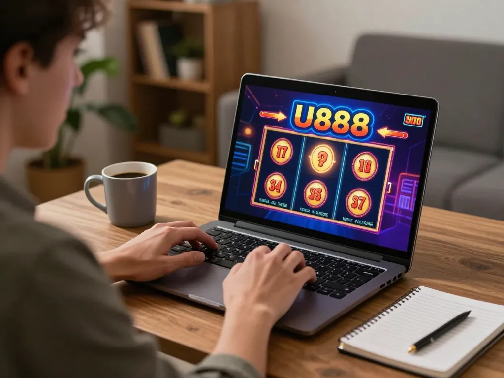 Player engaging with U888 slot games on a laptop in a cozy home atmosphere.