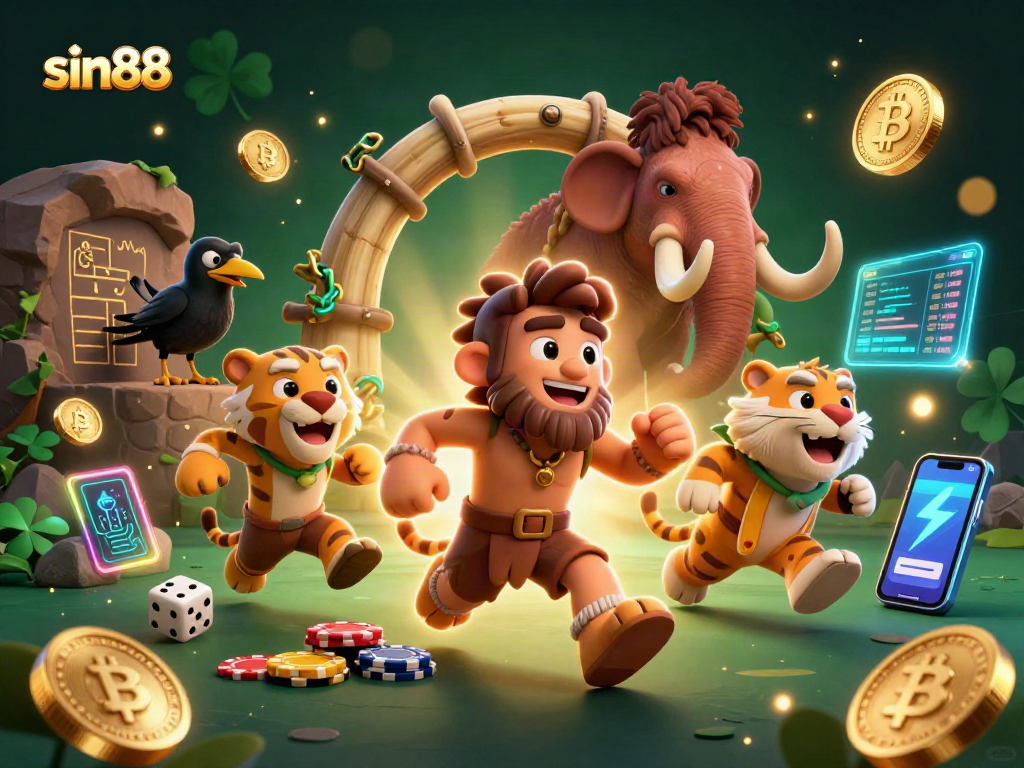 Engage with sin88 at an exciting prehistoric casino, featuring unique gambling elements and vibrant digital effects.