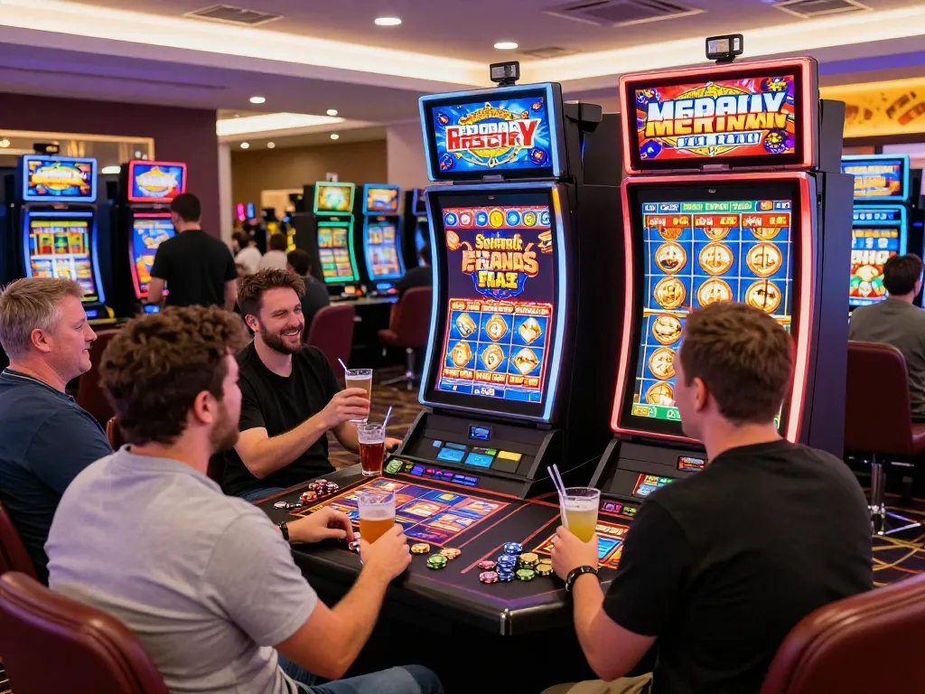 Exciting gaming atmosphere with players celebrating free spins australia wins at a vibrant casino.