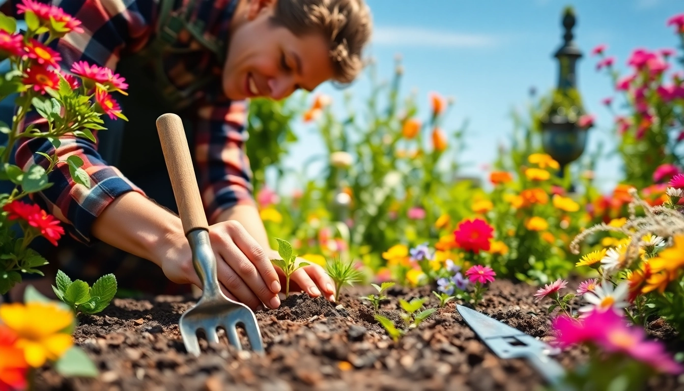 Gartenbauer pflegt einen blühenden Garten mit farbenfrohen Blumen und hochwertigem Werkzeug.