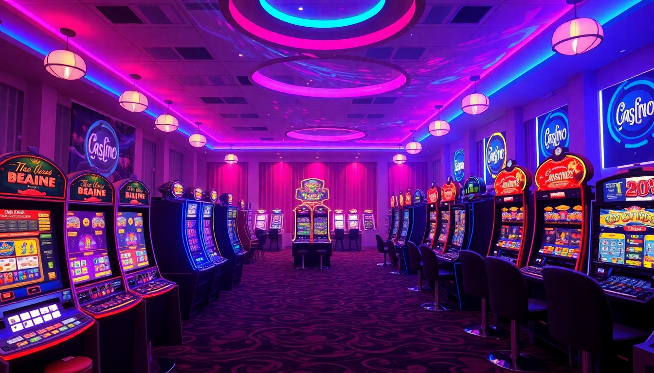 Erlebe die Aufregung von casino ohne anmeldung in einem lebhaften, modernen Spielsaal mit bunten Lichtern.