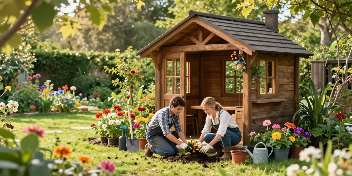 Gartenhäuser aus Holz im Garten mit Blumen und Gärtnern.