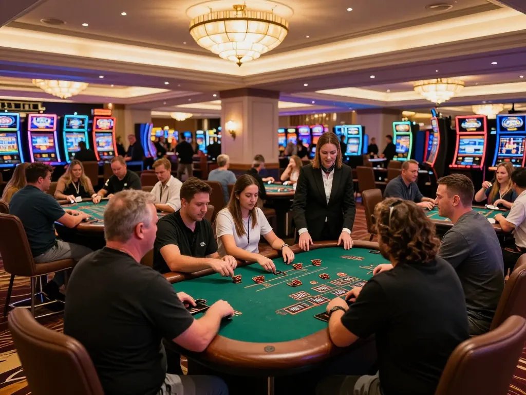 O8 players strategizing at blackjack tables in a luxurious casino setting
