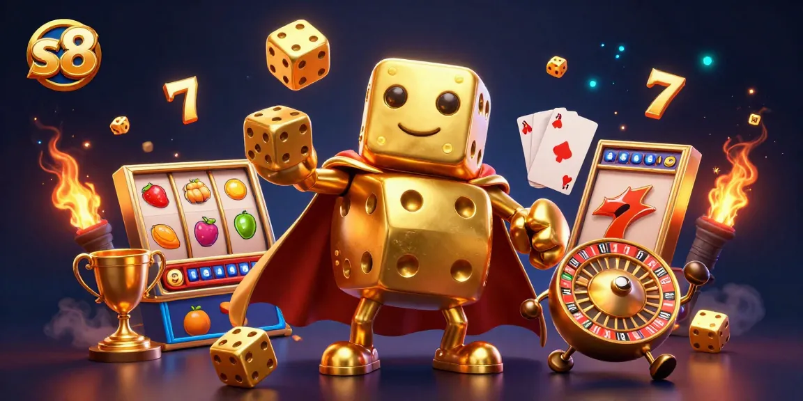 Experience the thrill of chance with the vibrant s8 online casino illustration showcasing golden dice and dynamic slot reels.