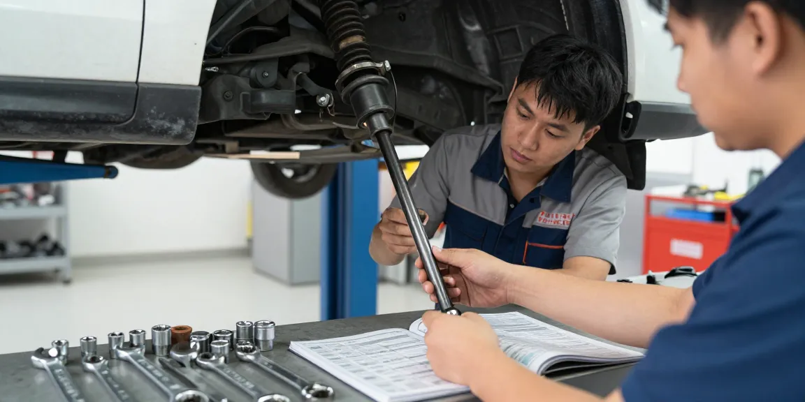 Thay thế link f168 ở tiệm sửa xe với kỹ thuật viên và dụng cụ.