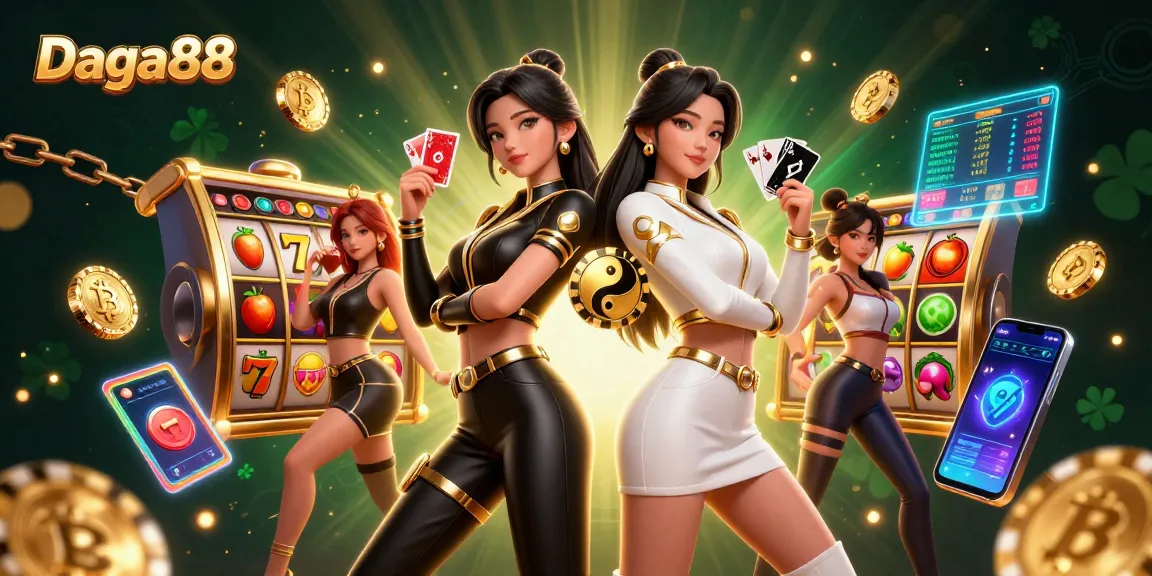 Daga88 showcases a vibrant casino scene with twin women holding playing cards amidst slot reels and crypto coins.