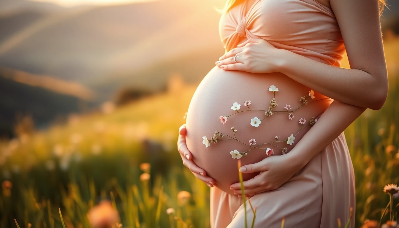 Babybauch Shooting München: Glückliche werdende Mutter präsentiert ihren Bauch in einer wunderschönen Umgebung.