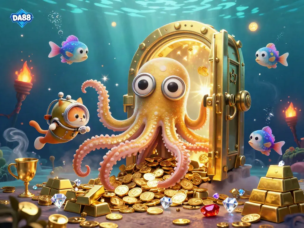 Engage in thrilling gameplay with DA88 as you explore a vibrant scene featuring a kraken, a diving cat, and treasure.