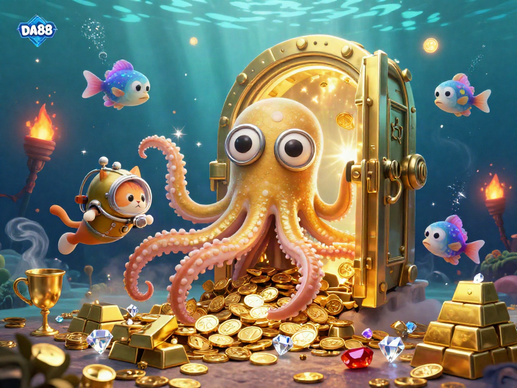 Engage in thrilling gameplay with DA88 as you explore a vibrant scene featuring a kraken, a diving cat, and treasure.