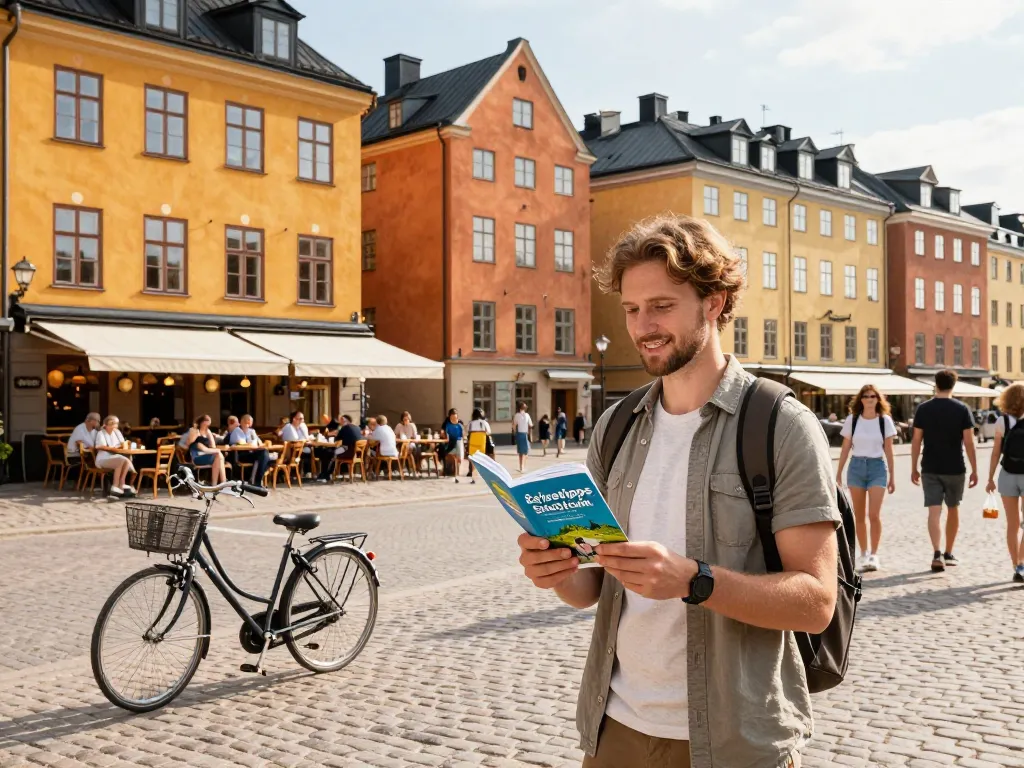 Reisender in Gamla Stan, der Reisetipps Stockholm genießt, während er die lebhaften Straßen und lokalen Cafés entdeckt.