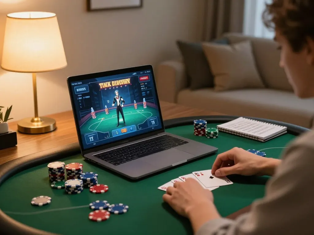 Player engaging in an online poker game on GK88, showcasing a comfortable gaming setup with strategic notes.