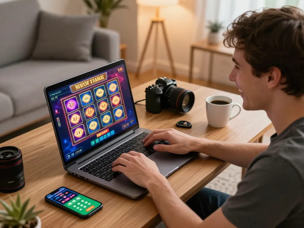 Engaged player exploring slots on nhà cái sx88, showcasing a cozy gaming environment.