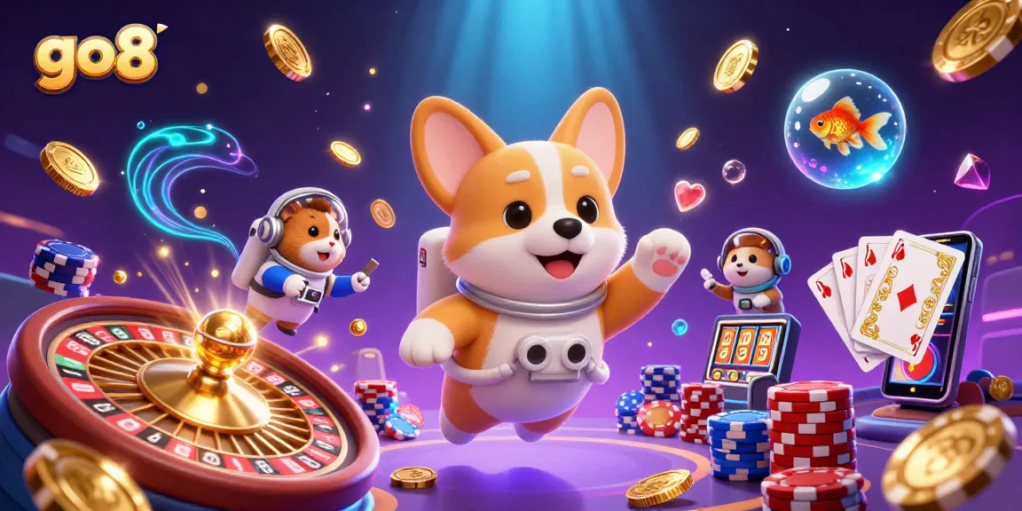 Experience the excitement at go8 casino with floating poker chips and golden coins in zero gravity.