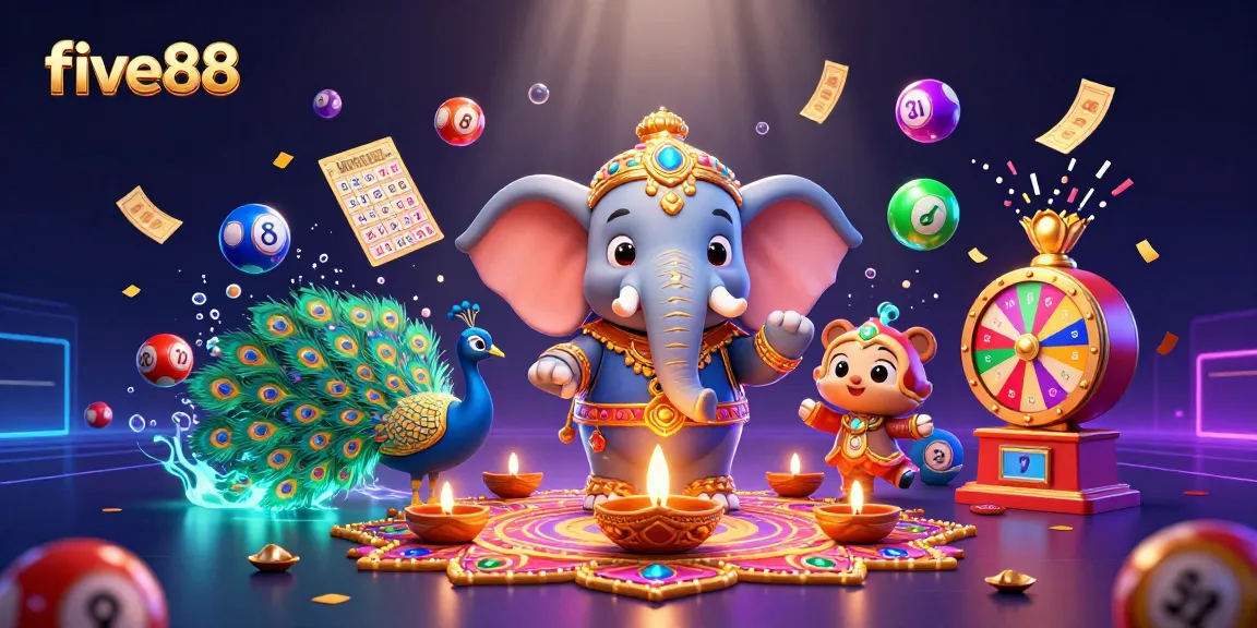 Engage with five88's diverse gaming options through vibrant 3D illustration of lottery-themed festivities.