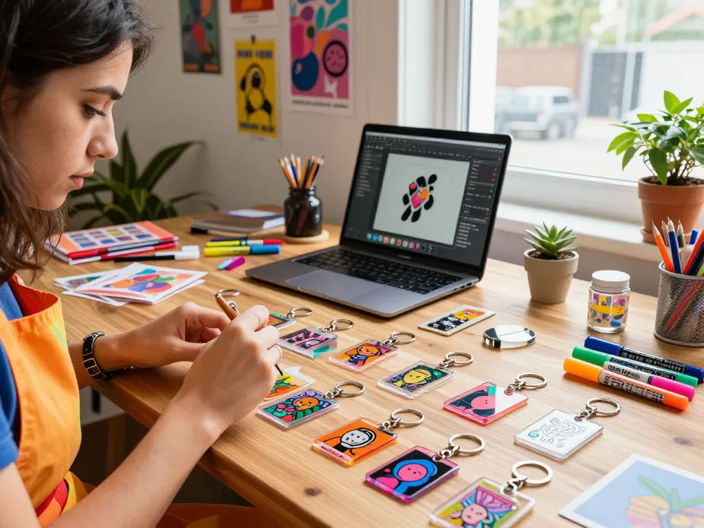 Creating unique acryl schlüsselanhänger selbst gestalten in a lively creative workspace with colorful designs.
