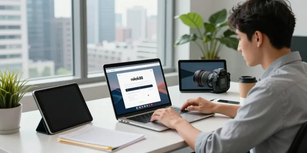 Engaging in rokok88 login process at a modern urban workspace.