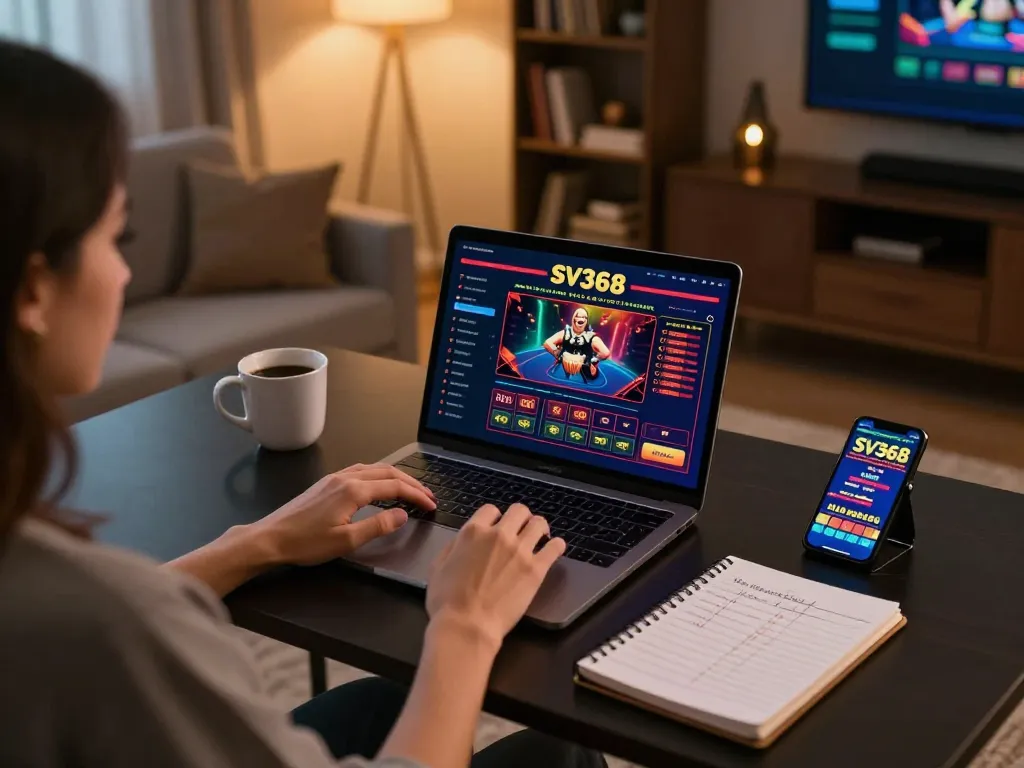SV368 online gaming experience at home with strategic notes and laptop interface