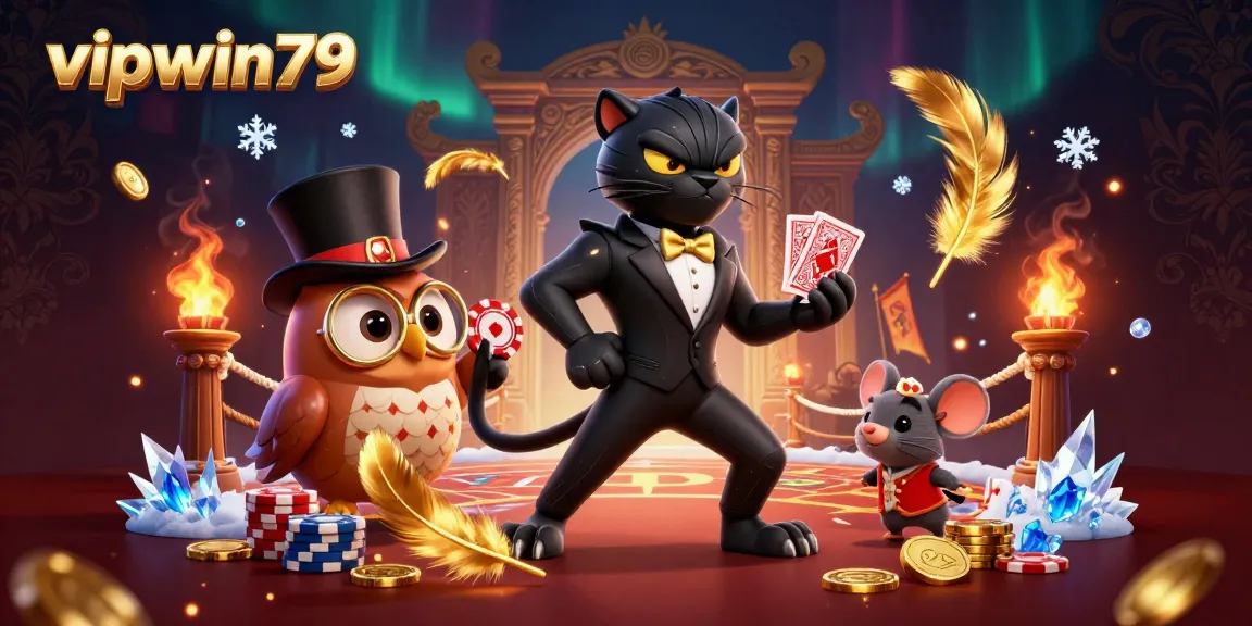 Engage with vipwin79 and witness a stylish black panther dealing cards among a charming owl and lucky mouse in an elaborate casino.