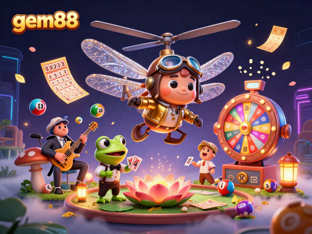 Spin the reels at gem88 with colorful lottery balls and a whimsical casino scene!