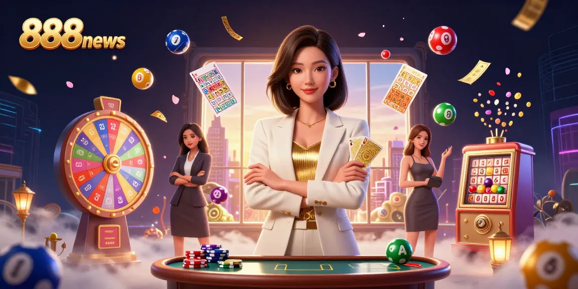 Experience thrilling wins at 888news with a vibrant depiction of a glamorous casino scene featuring dynamic lottery elements.