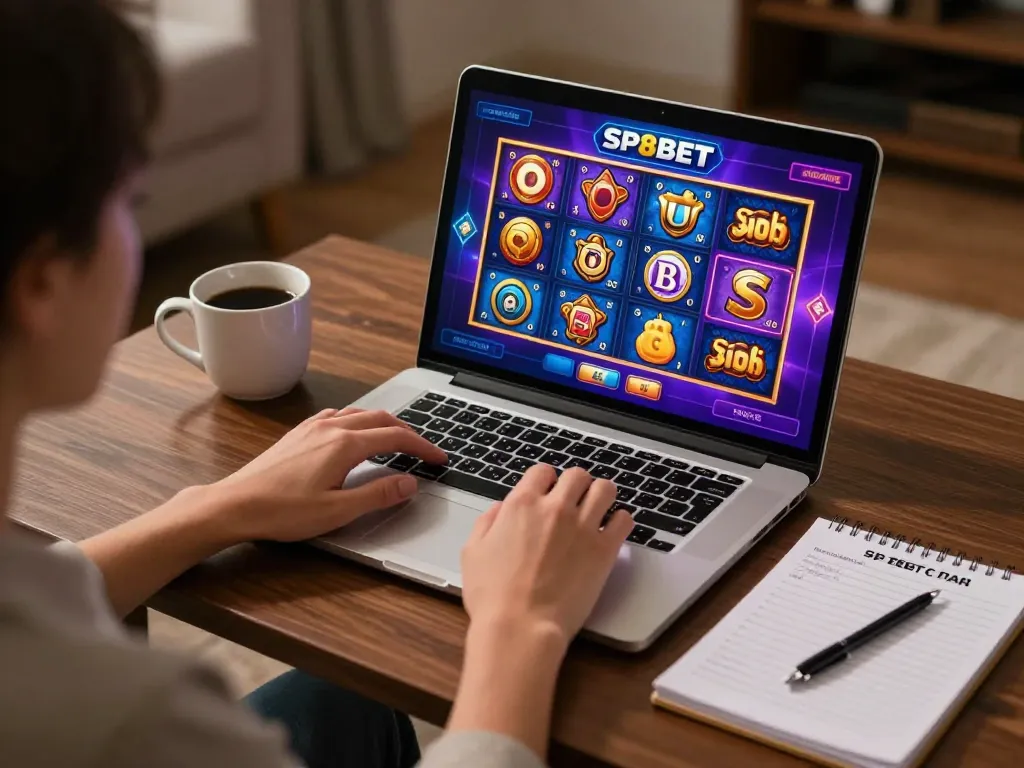 Person enjoying SP8BET online casino experience at home with vibrant slot game graphics.