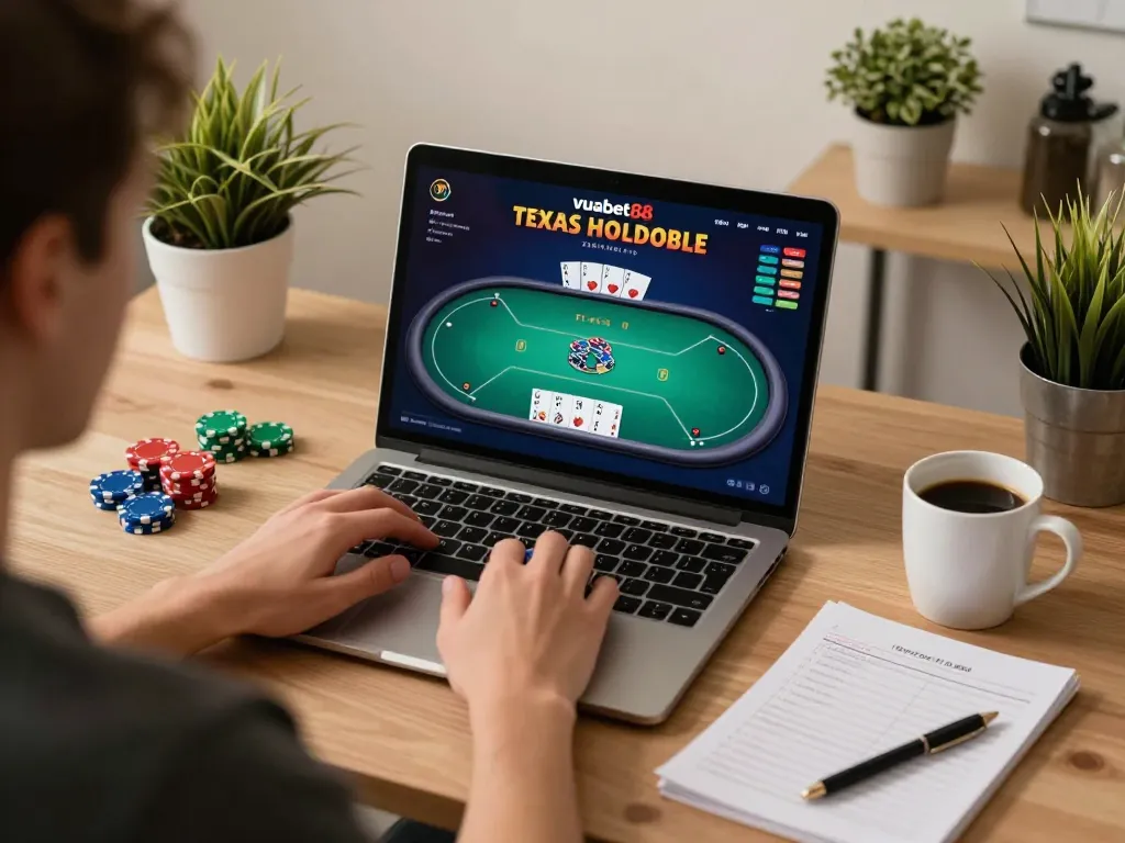 Engaging in online poker gameplay on vuabet88 platform with strategic notes in view.