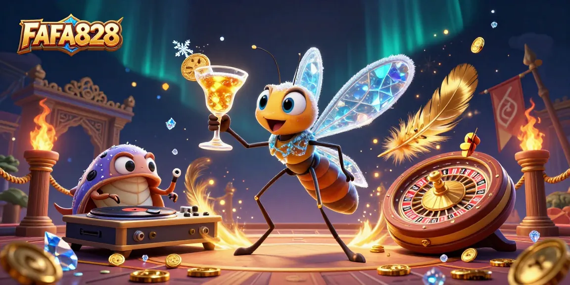 Engage with FAFA828, featuring a playful frozen mosquito mascot in a vibrant casino scene surrounded by golden gaming elements.