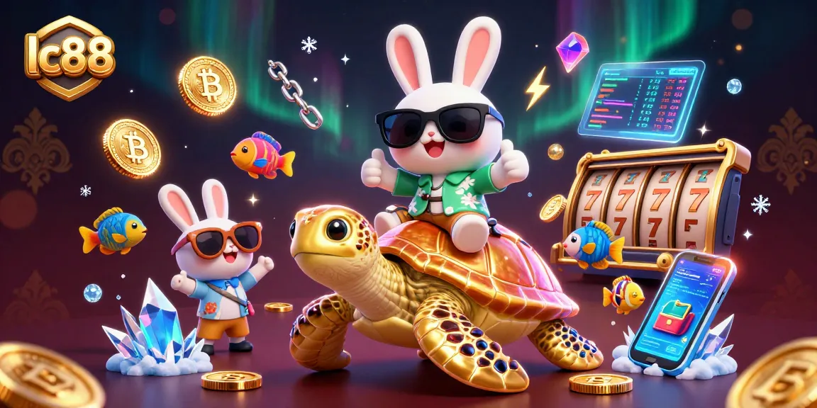 Experience the thrill of lc88 with a lucky rabbit and golden turtle amidst vibrant 3D casino elements.