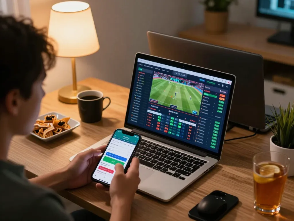 Engaged user interacting with sports betting options on a device in a modern setup, emphasizing sunwin gaming experience.