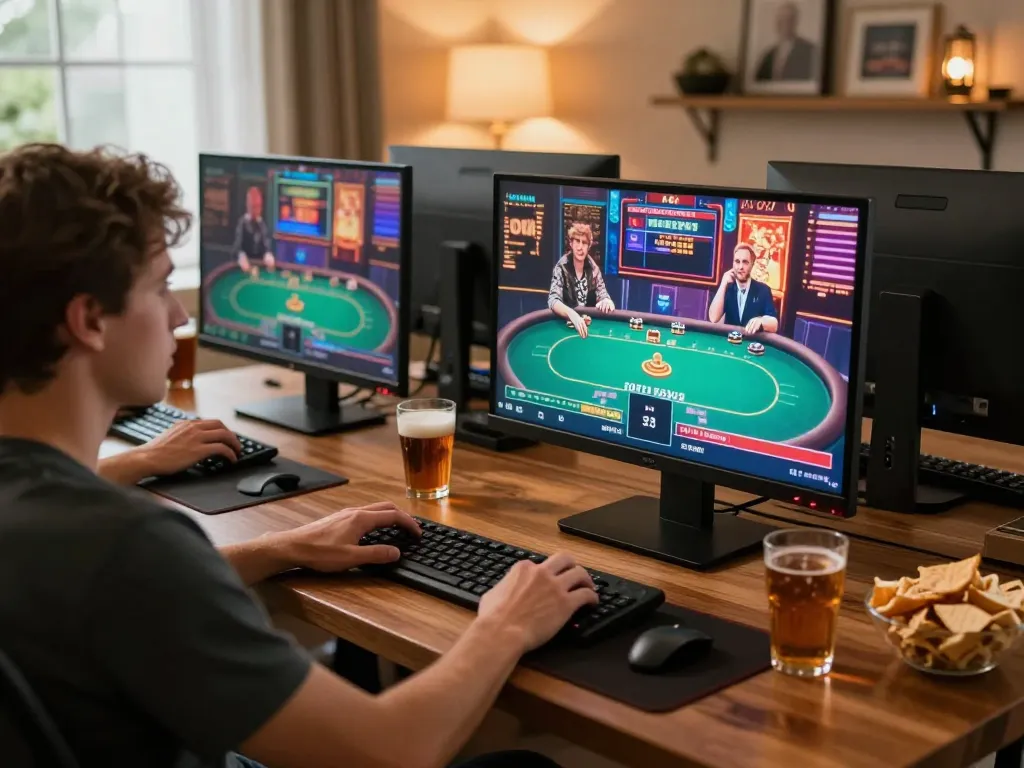 Engaging in online gambling at https://ok904.com/, showcases vibrant poker games on multiple screens