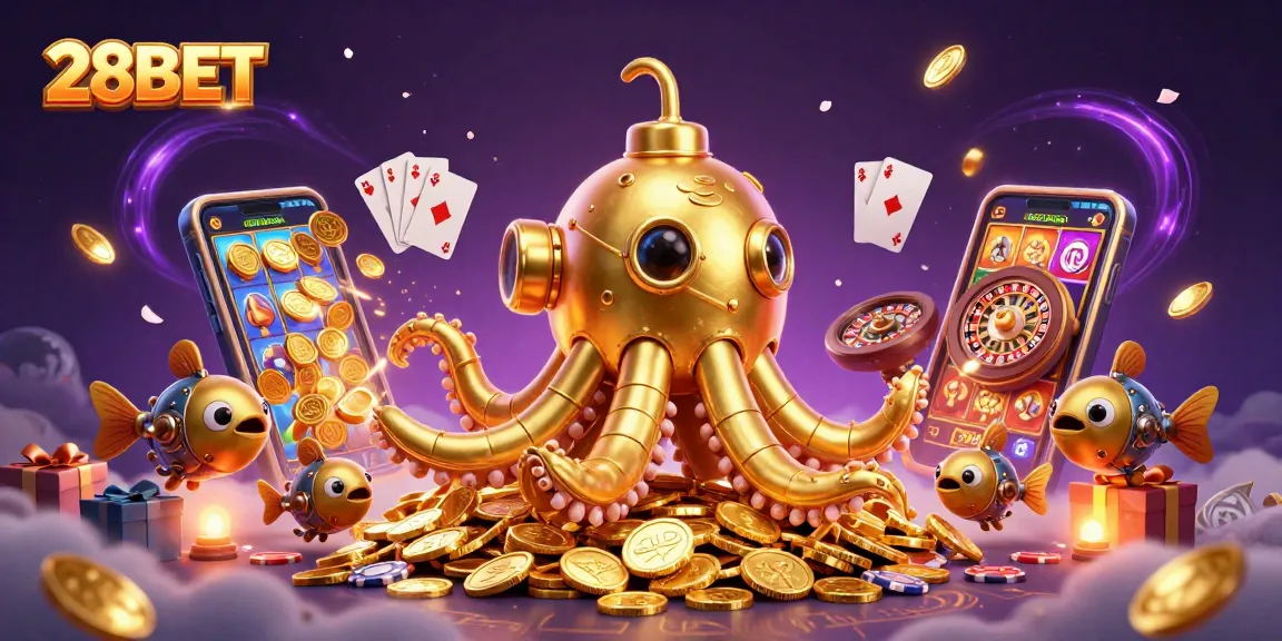 Experience thrilling wins with 28BET as the golden kraken submarine emerges from coins, showcasing vibrant gaming elements.