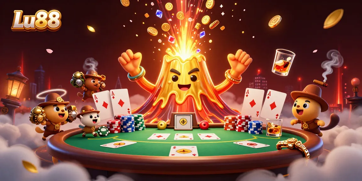 Engage with Lu88's thrilling casino action featuring a volcano erupting treasures amidst poker excitement.