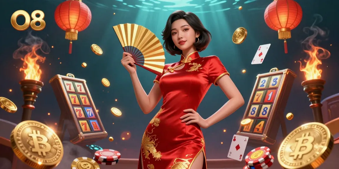 O8 casino illustration showcasing a beautiful Asian woman celebrating with floating gold coins, poker cards, and neon cryptocurrency elements.