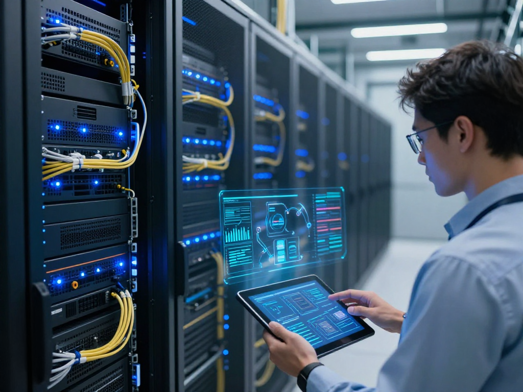 IPTV subscription management interface in a modern cloud-based environment, showcasing high-quality server racks and AI technology integration for enhanced user experience.