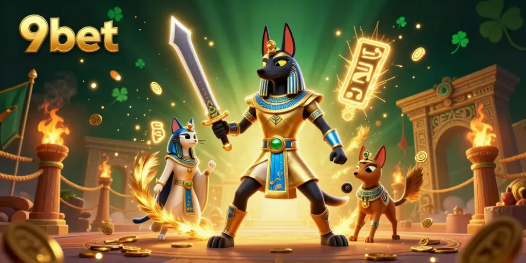 Experience the thrill of 9bet with Anubis and Bastet in a vibrant, dynamic casino scene.