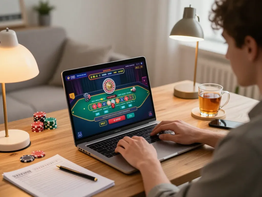 Engaged player in a modern home office exploring nhà cái go8 casino games online with vibrant live action.