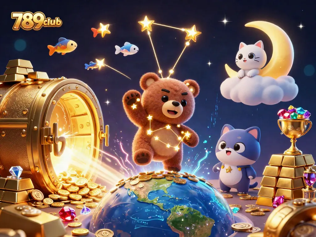 Immerse in the 789club adventure with a constellation bear collecting riches in this vibrant casino illustration.