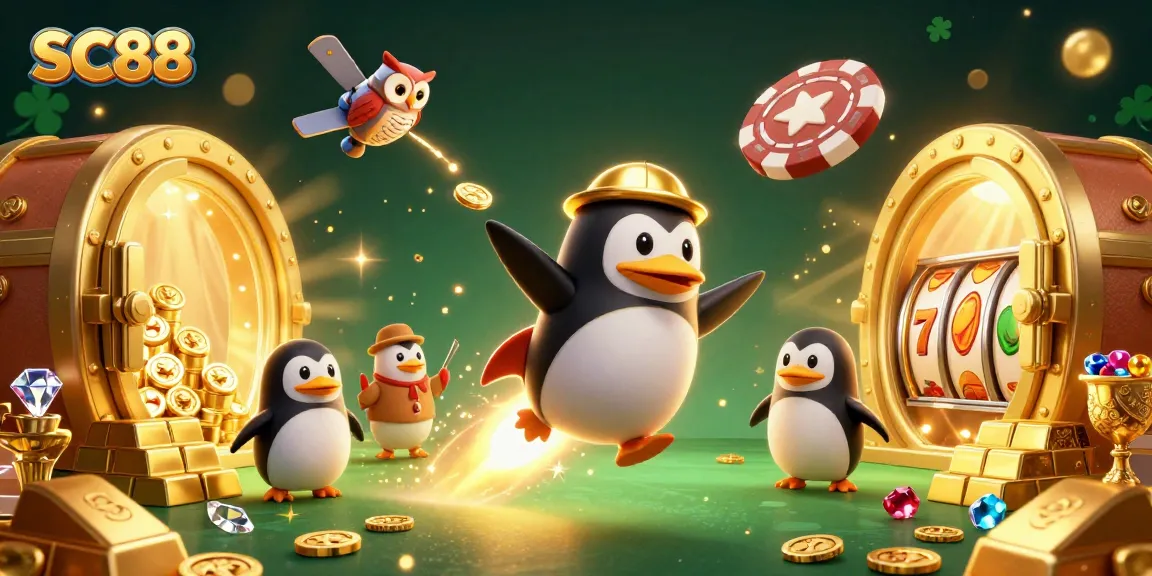 Experience the excitement of SC88 with a golden penguin and casino-themed treasures.