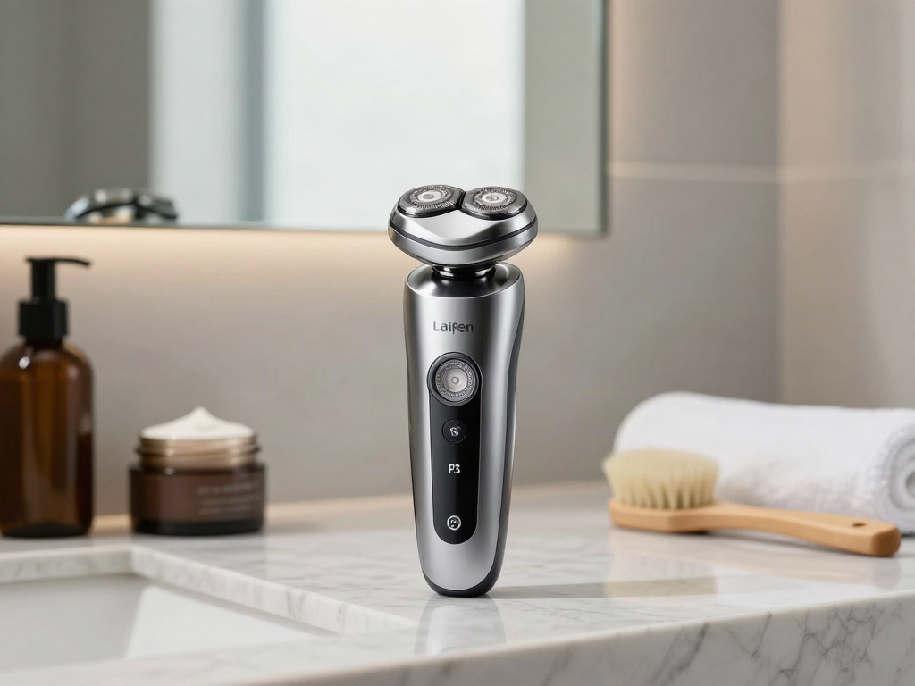 Laifen P3 Elektrorasierer auf marmoriertem Waschtisch mit Pflegeprodukten, elegantes Badezimmer-Ambiente