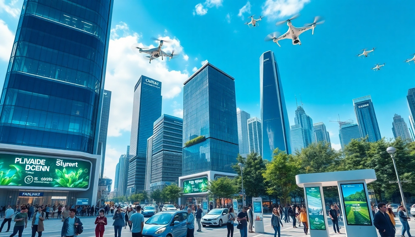 Digitale Zukunft: Futuristic city showcasing advanced technology and sustainable urban design.