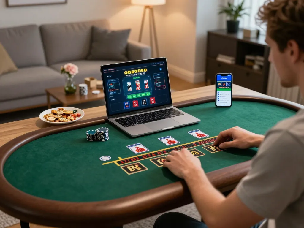 VIN88 player strategizing while enjoying online blackjack from home