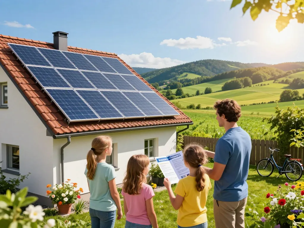 Familie in Bayern genießt Solarenergie in einer schönen bayerischen Umgebung, die Nachhaltigkeit und umweltfreundliches Leben zeigt.