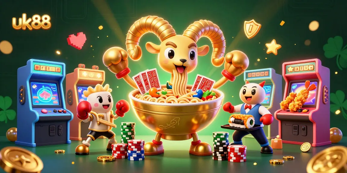 Experience the excitement of uk88 with a lively gambling scene featuring characters dealing cards and stacking chips.