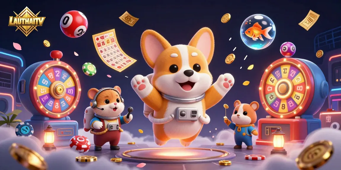 Engage with LAUTHAITV's dynamic betting scene featuring floating characters and colorful gambling elements.
