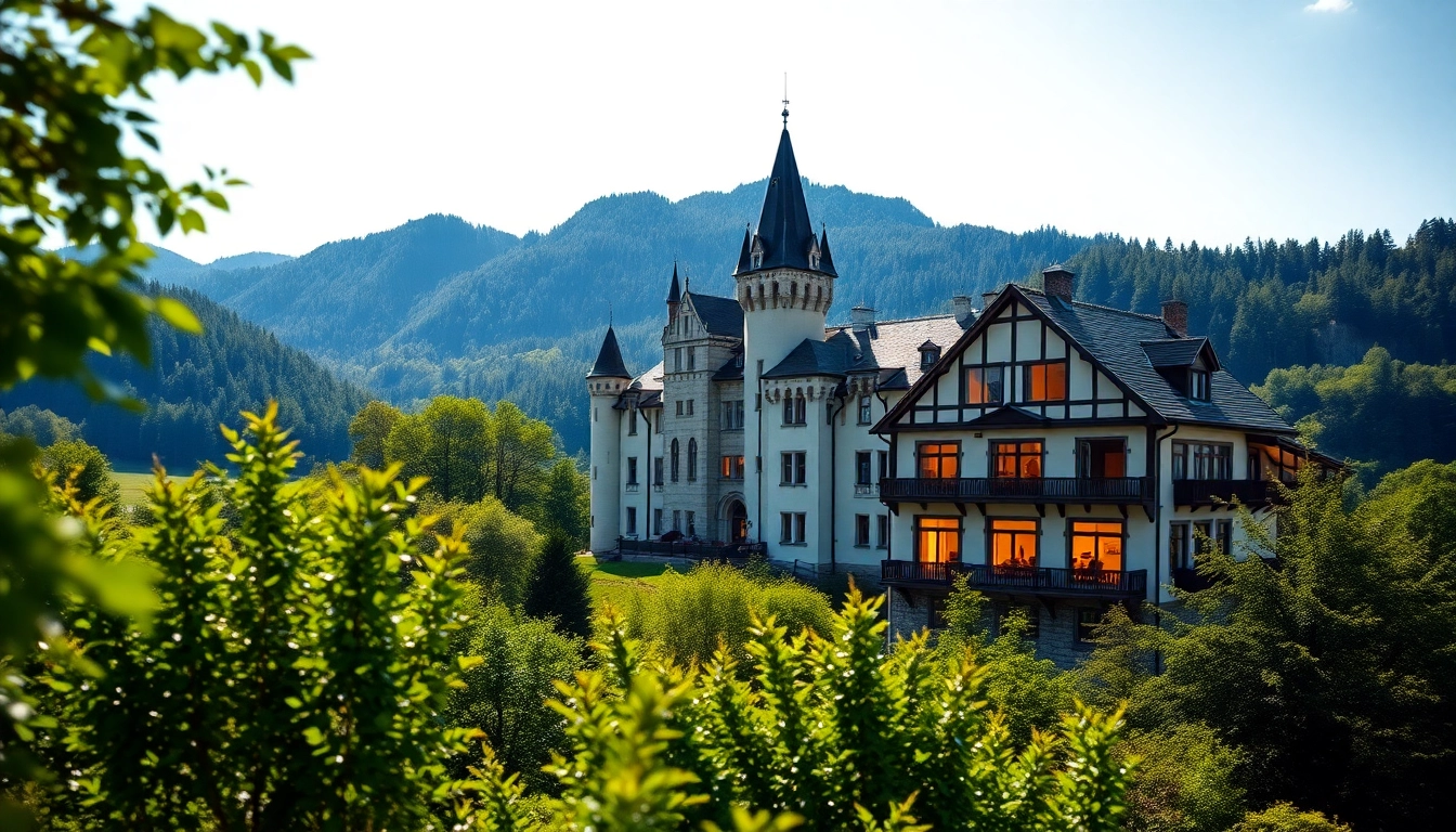 Neuschwanstein Hotel with welcoming lights, nestled by the beautiful Neuschwanstein Castle landscape.